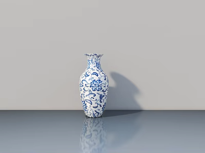 Blue And White Vase With Floral Patterns On Smooth Surface With Reflection Against Grey Wall 3d model