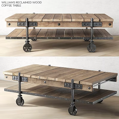 Industrial Wooden Table with Metal Frame Wheels and Lower Storage Shelf 3d model