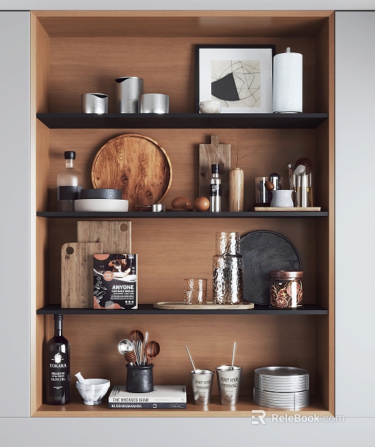 Kitchen Tableware Set With Wooden Chopping Board Metal And Glass Cups On Storage Shelf 3d model 