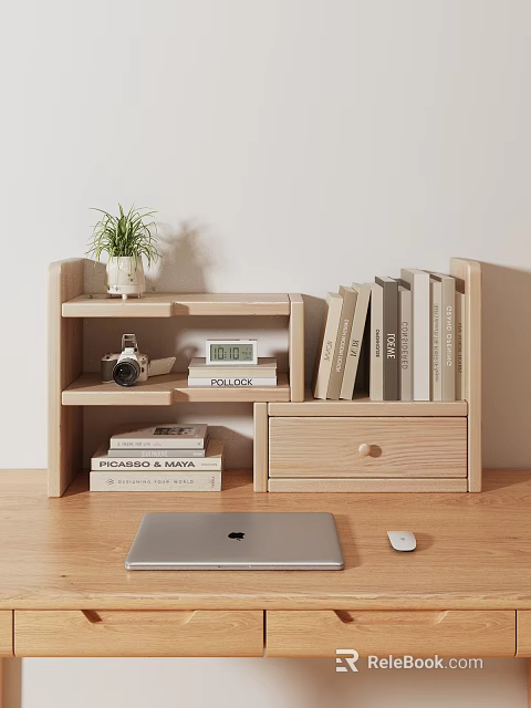 Wooden Storage Shelf With Multiple Shelves Drawer Books Potted Plant And Clock 3d model 