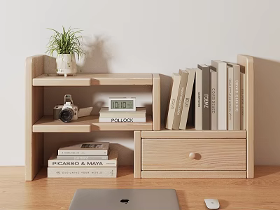 Wooden Storage Shelf With Multiple Shelves Drawer Books Potted Plant And Clock 3d model