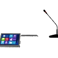 Digital Office Workstation Setup With Touchscreen Tablet Black Notebook White Paper And Microphone
