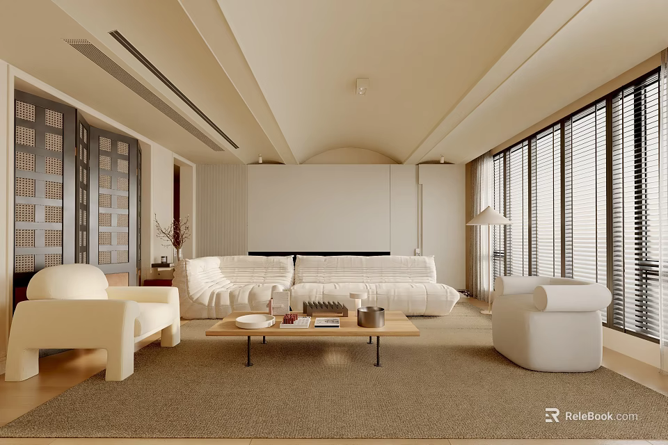 Modern Living Room Interior With White Sofa Beige Carpet And Wooden Coffee Table 3d model 
