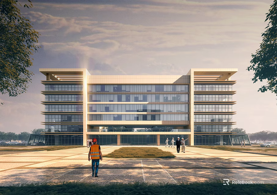 Modern Office Building With Glass Curtain Walls Multi Story Structure Spacious Plaza And Trees 3d model 