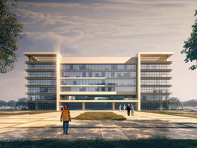 Modern Office Building With Glass Curtain Walls Multi Story Structure Spacious Plaza And Trees 3d model