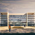 Modern Office Building With Glass Curtain Walls Multi Story Structure Spacious Plaza And Trees