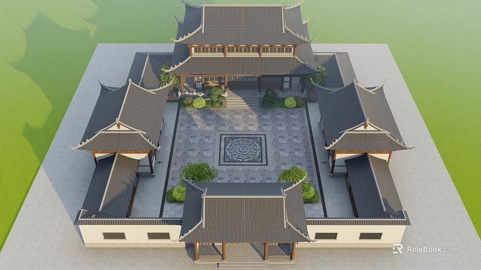 Traditional Chinese Architecture Featuring Eaves Roofs Courtyard Square Pattern And Plants 3d model