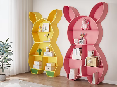 Rabbit Ear Shaped Yellow and Pink Storage Shelves for Kids Room with Books Stuffed Toys 3d model