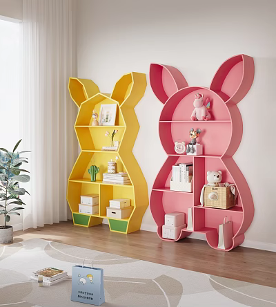 Rabbit Ear Shaped Yellow and Pink Storage Shelves for Kids Room with Books Stuffed Toys 3d model