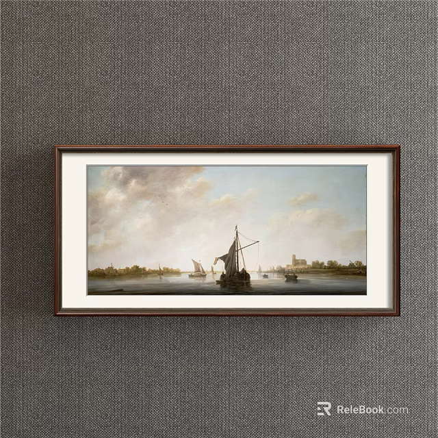 Classic Landscape Painting With Sailing Boats On River Distant Buildings Cloudy Sky And Brown Frame 3d model 
