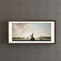 Classic Landscape Painting With Sailing Boats On River Distant Buildings Cloudy Sky And Brown Frame