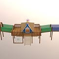 Wooden Playground Equipment With Arched Roof Elevated Platforms Ladder Netting And Green Area