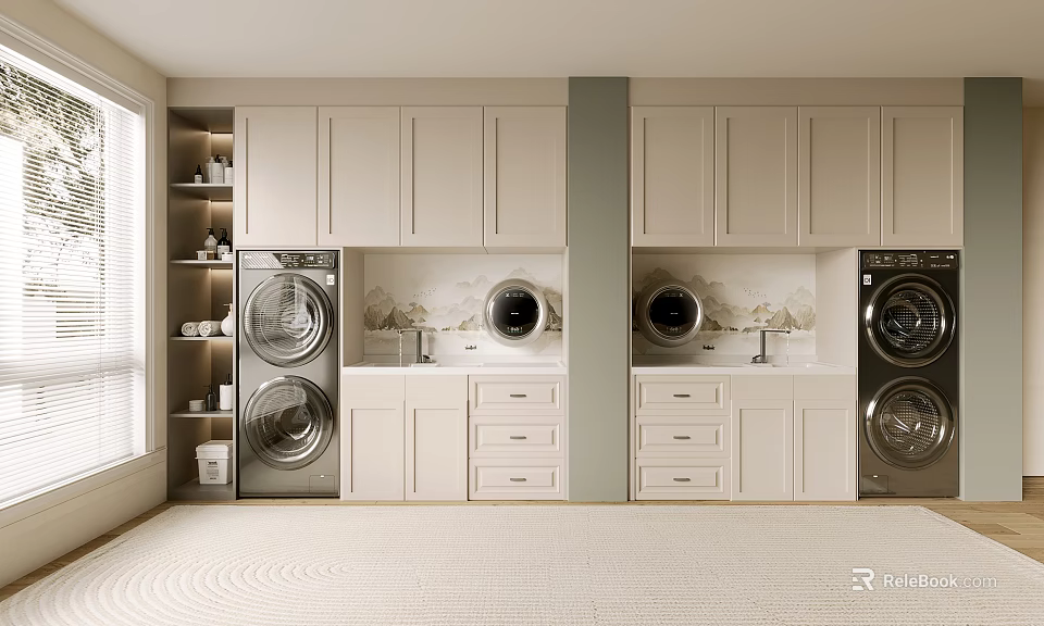 Modern Laundry Room Interior With White Cabinets Washing Machines Dryers Sinks And Window Storage 3d model 