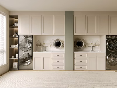 Modern Laundry Room Interior With White Cabinets Washing Machines Dryers Sinks And Window Storage 3d model