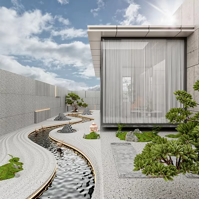 Modern Roof Garden Design With Meandering Path Water Feature Stones And Green Plants 3d model