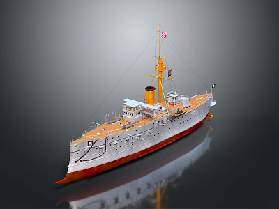 Vintage Detailed Ship Model With White Hull Yellow Chimney Red Bottom And Flag 3d model