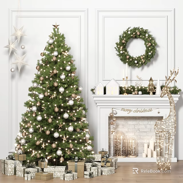 Festive Christmas Wall Decor With Wreath Star Ornaments And White Walls Fireplace Mantel 3d model 