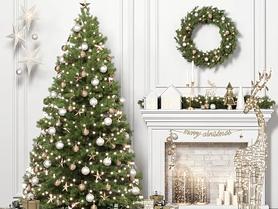 Festive Christmas Wall Decor With Wreath Star Ornaments And White Walls Fireplace Mantel 3d model