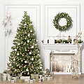 Festive Christmas Wall Decor With Wreath Star Ornaments And White Walls Fireplace Mantel