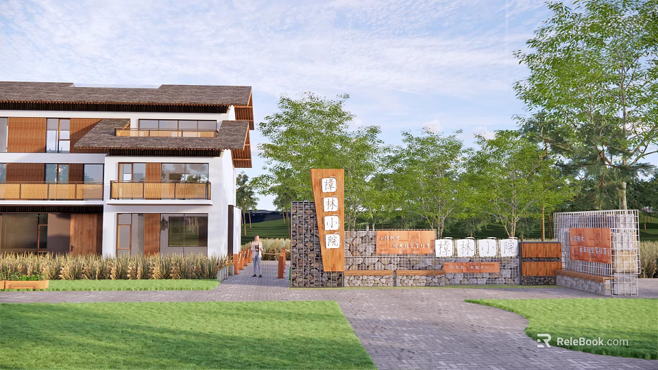 Scenic Wall With Wooden Stone Structure At Modern Building Entrance With Green Lawn Trees 3d model 