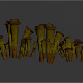 Yellow Conical Equipment With Brown Tops Arranged In Reflective Display Setup