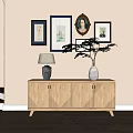 Wooden Entryway Console Table With Table Lamp Vase And Framed Wall 3d model