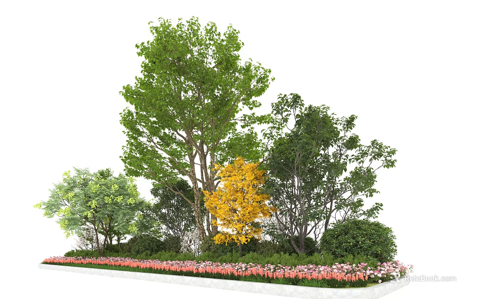 Lush Garden Shrubs With Green And Yellow Trees And Pink Flowers 3d model 