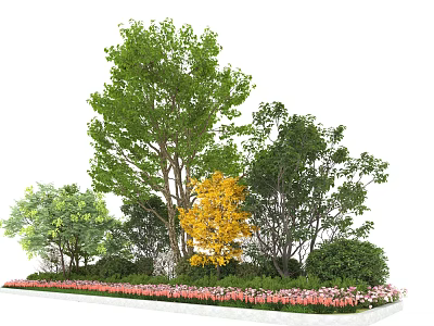 Lush Garden Shrubs With Green And Yellow Trees And Pink Flowers 3d model
