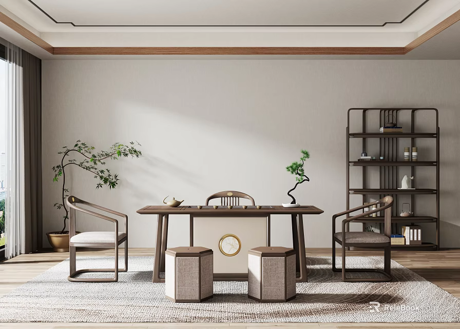 Traditional Tea Room Interior With Wooden Table Chairs Circular Decor Green Plants Bookshelf And Rug 3d model 