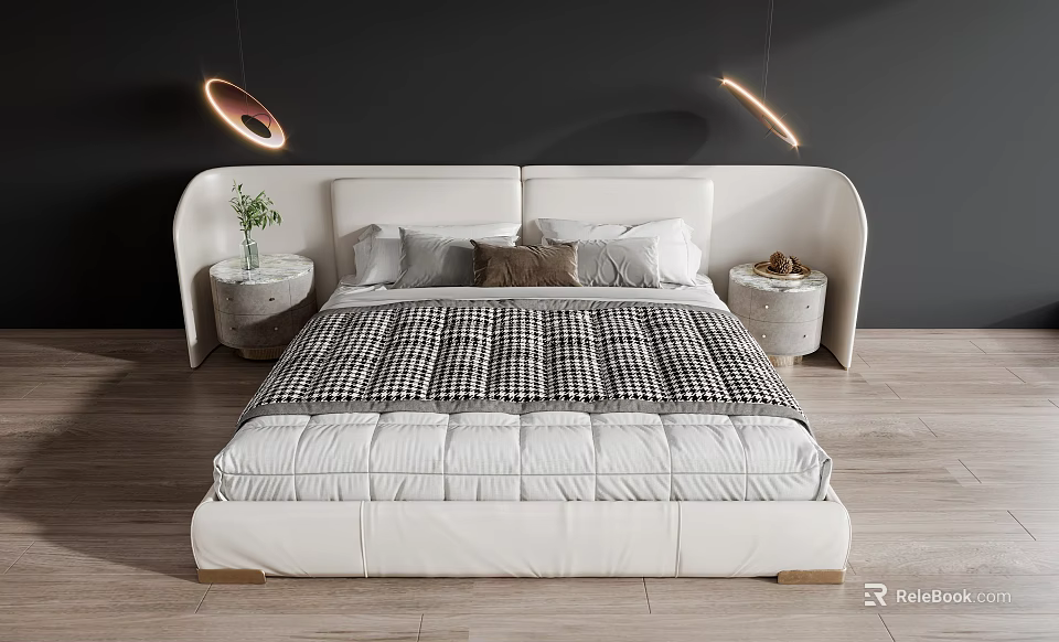 Modern Upholstered Double Bed With Plaid Blanket Pillows Side Tables And Pendant Lights 3d model 