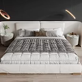 Modern Upholstered Double Bed With Plaid Blanket Pillows Side Tables And Pendant Lights