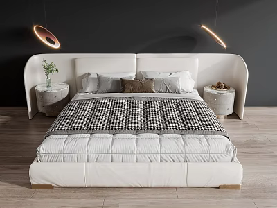 Modern Upholstered Double Bed With Plaid Blanket Pillows Side Tables And Pendant Lights 3d model