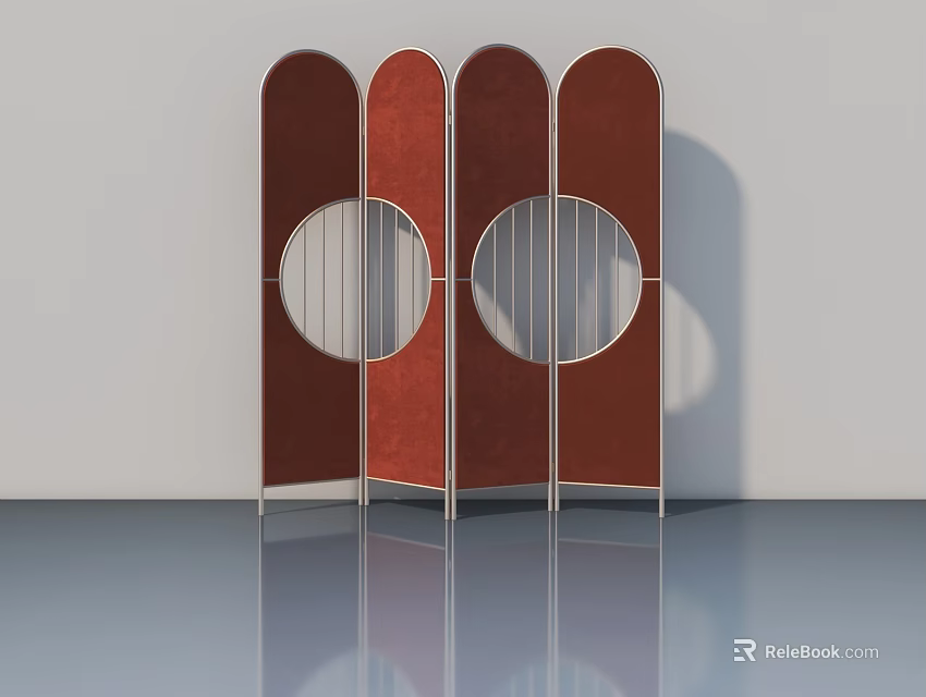 Red Folding Doors With Circular Cutouts And Metal Frames Modern Interior Decor 3d model