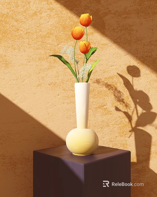 Modern Decorative Ornament Set with White Vase Yellow Tulips and Shadows on Dark Stand against Beige Wall 3d model 