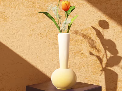 Modern Decorative Ornament Set with White Vase Yellow Tulips and Shadows on Dark Stand against Beige Wall 3d model