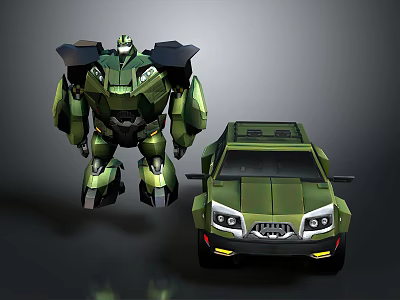 Green Intelligent Machine Robot Featuring Transforming Vehicle Car Design Figure 3d model