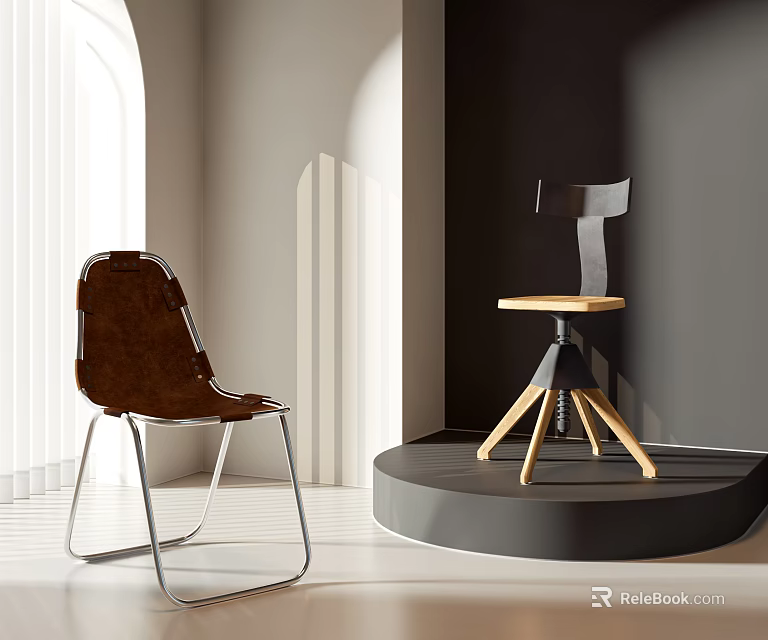 Modern Leisure Chairs Brown Leather Metal Frame and Black Back Wooden Seat in Bright Interior 3d model 