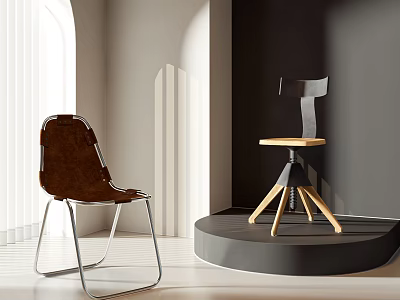 Modern Leisure Chairs Brown Leather Metal Frame and Black Back Wooden Seat in Bright Interior 3d model