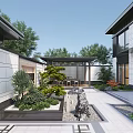Modern Courtyard Garden Design With Stone Patio Potted Pine Circular Wall And Greenery