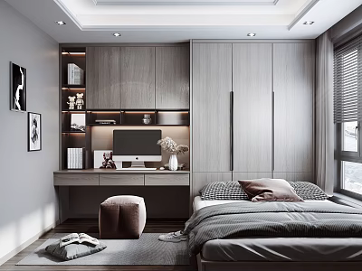 Tatami Bedroom Interior Design With Storage Cabinets Built-in Desk And Window Blinds 3d model