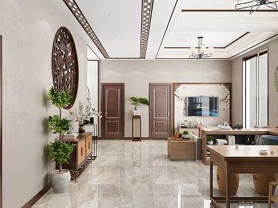 Modern Study Room Interior With Large Decorative Clock Green Plants And Wooden Desk 3d model