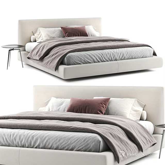 Modern Double Bed With Light Colored Headboard Gray Blanket White Sheets Pillows And Small Nightstand 3d model