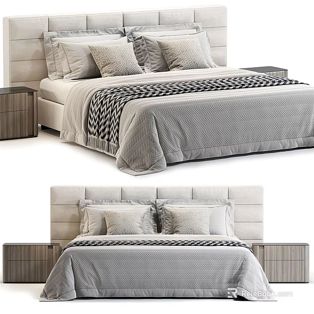 Modern Double Bed With Upholstered Headboard Bedside Tables And Gray Bedspread 3d model 