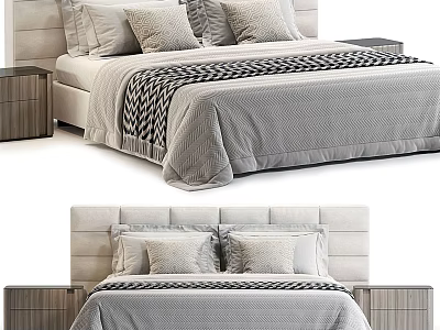 Modern Double Bed With Upholstered Headboard Bedside Tables And Gray Bedspread 3d model