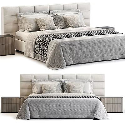 Modern Double Bed With Upholstered Headboard Bedside Tables And Gray Bedspread 3d model