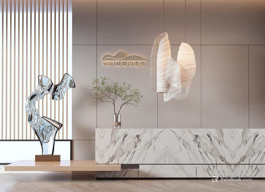 Stylish Modern Lobby With Marble Reception Desk Metal Sculpture Potted Plant And Pendant Light 3d model 