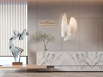 Stylish Modern Lobby With Marble Reception Desk Metal Sculpture Potted Plant And Pendant Light 3d model