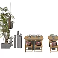 Wooden Dining Table and Chair Set With Bamboo Plant Gray Concrete Wall Red Cushions
