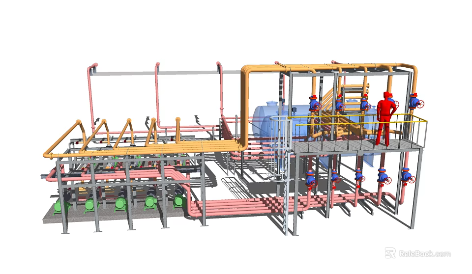 Industrial Pipeline Network With Steel Frames Platforms Valves And Workers In Facility 3d model 