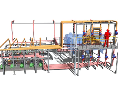 Industrial Pipeline Network With Steel Frames Platforms Valves And Workers In Facility 3d model